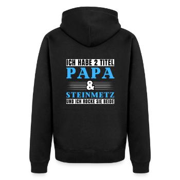 Ich habe 2 Titel Papa und Steinmetz - Unisex Premium Bio Zip Hoodie - Schwarz - Hinten - Nico (187cm)