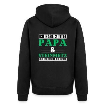 Ich habe 2 Titel Papa und Steinmetz - Unisex Premium Bio Zip Hoodie - Schwarz - Hinten - Nico (187cm)