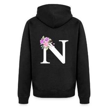 Lila Blumenbuchstabe n - Unisex Premium Bio Zip Hoodie - Schwarz - Hinten - Nico (187cm)