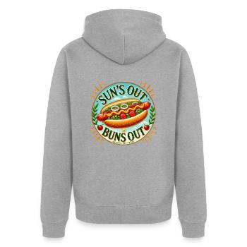 Sonnen raus Brötchen raus - Unisex Premium Bio Zip Hoodie - Grau meliert - Hinten - Nico (187cm)