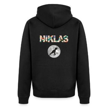 NIKLAS - Beautiful boy name with dinosaur - Unisex Premium Organic Zip Hoodie - black - Back - Nico (187cm)