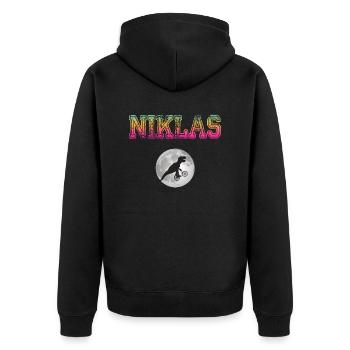 NIKLAS - Schöner Jungen Name mit Dinosaurier - Unisex Premium Bio Zip Hoodie - Schwarz - Hinten - Nico (187cm)