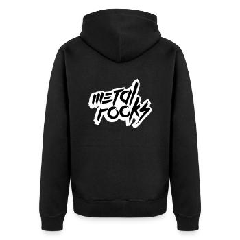 Heavy Metal Rocks Hard Rock Musik Text Spruch Logo - Unisex Premium Bio Zip Hoodie - Schwarz - Hinten - Nico (187cm)