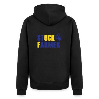 STUCK FARMER BLUE YELLOW - Unisex Premium Organic Zip Hoodie - black - Back - Nico (187cm)