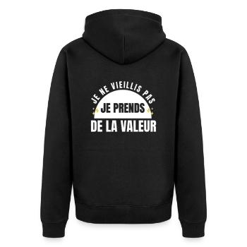 Ich werde nicht alt, ich steigere meinen Wert - Unisex Premium Bio Zip Hoodie - Schwarz - Hinten - Nico (187cm)