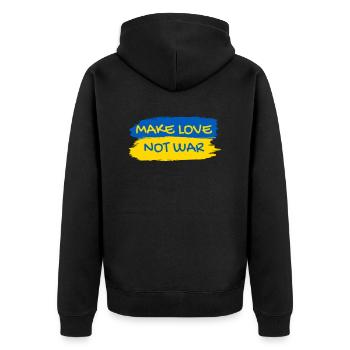 Make Love Not War Urkaine Peace Stand with Ukraine - Unisex Premium Bio Zip Hoodie - Schwarz - Hinten - Nico (187cm)