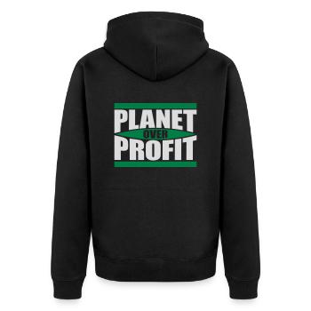 planet over profit Zitat - Unisex Premium Bio Zip Hoodie - Schwarz - Hinten - Nico (187cm)