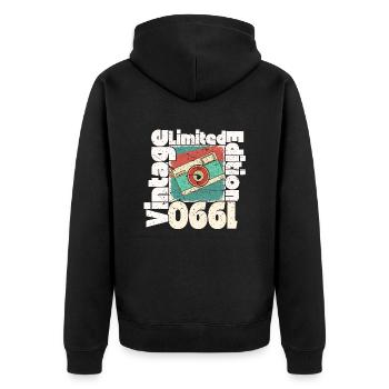 Vintage Limitierte Auflage 1990 - Unisex Premium Bio Zip Hoodie - Schwarz - Hinten - Nico (187cm)