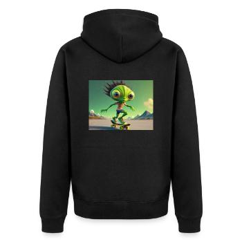 niedliches kleines grünes Retro Alien Skateboarden - Unisex Premium Bio Zip Hoodie - Schwarz - Hinten - Nico (187cm)