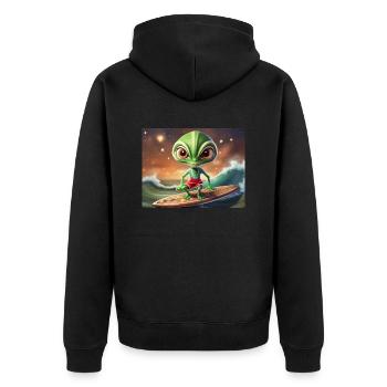 niedliche kleine grüne retro vintage alien surfen - Unisex Premium Bio Zip Hoodie - Schwarz - Hinten - Nico (187cm)