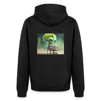 cute little green retro alien buying groceries - Unisex Premium Organic Zip Hoodie - black - Back - Nico (187cm)