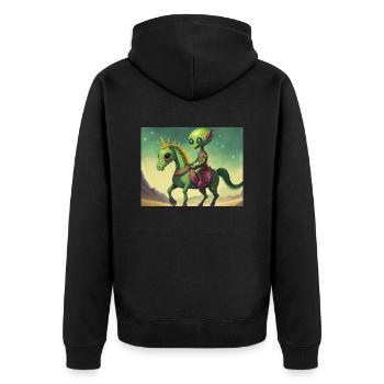niedliches kleines grünes Retro-Alien reitet auf einem Pferd - Unisex Premium Bio Zip Hoodie - Schwarz - Hinten - Nico (187cm)