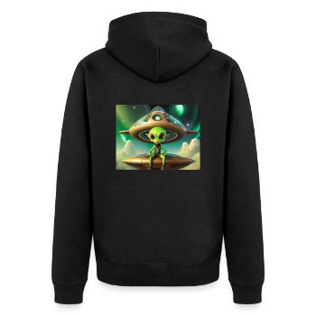 cute little green retro vintage alien flying a UFO - Unisex Premium Organic Zip Hoodie - black - Back - Nico (187cm)