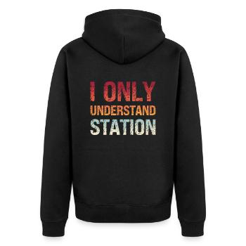 Denglisch Ich Verstehe Nur Bahnhof Lustig - Unisex Premium Bio Zip Hoodie - Schwarz - Hinten - Nico (187cm)