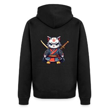 Samurai-Katze #40 - Unisex Premium Bio Zip Hoodie - Schwarz - Hinten - Nico (187cm)