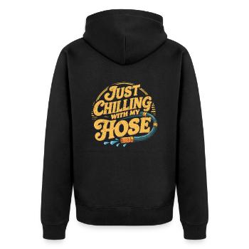 Entspannt im Garten mit Humor - Unisex Premium Bio Zip Hoodie - Schwarz - Hinten - Nico (187cm)