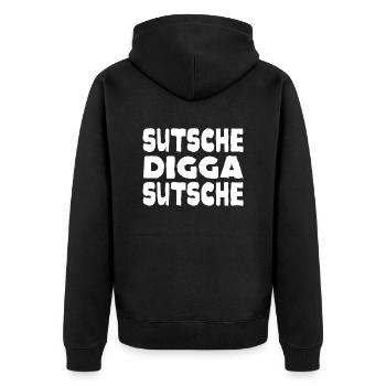 sutsche digga - Unisex Premium Bio Zip Hoodie - Schwarz - Hinten - Nico (187cm)