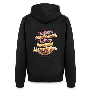 Grill T-Shirt Spruch Angebrannt und knusprig - Unisex Premium Bio Zip Hoodie - Schwarz - Hinten - Nico (187cm)
