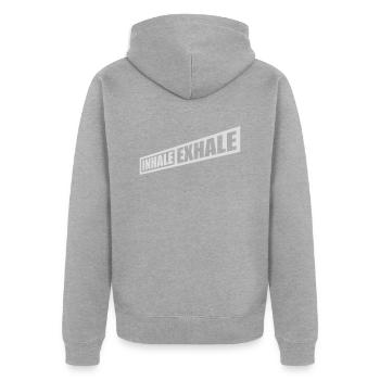 inhale exhale yoga Zitat - Unisex Premium Bio Zip Hoodie - Grau meliert - Hinten - Nico (187cm)