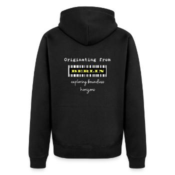 Berlin geboren, Weltliebhaber. Meine Heimatstadt - Unisex Premium Bio Zip Hoodie - Schwarz - Hinten - Nico (187cm)