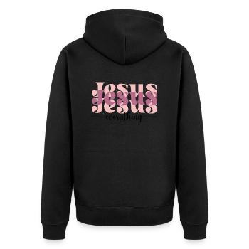 Jesus over everything - Unisex Premium Organic Zip Hoodie - black - Back - Nico (187cm)