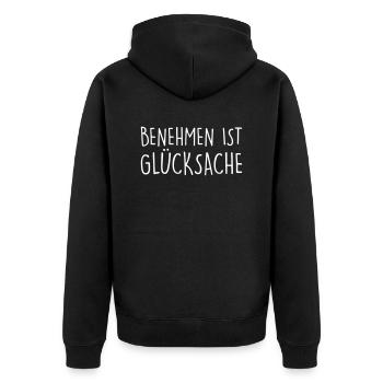 frecher lustiger Spruch Benehmen ist Glücksache - Unisex Premium Bio Zip Hoodie - Schwarz - Hinten - Nico (187cm)