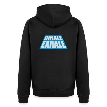 inhale exhale yoga Zitat - Unisex Premium Bio Zip Hoodie - Schwarz - Hinten - Nico (187cm)