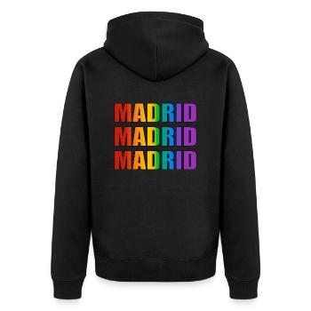 Madrid LGBTQ-Stolz - Unisex Premium Bio Zip Hoodie - Schwarz - Hinten - Nico (187cm)