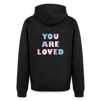 Trans-Jugendliche werden geliebt - Unisex Premium Bio Zip Hoodie - Schwarz - Hinten - Nico (187cm)