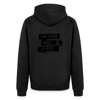Triathlon Laufen Schwimmen Radfahren - Unisex Premium Bio Zip Hoodie - Schwarz - Hinten - Nico (187cm)