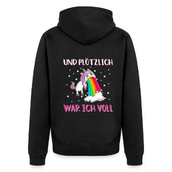 Und plötzlich war ich voll | Kotzendes Einhorn - Unisex Premium Bio Zip Hoodie - Schwarz - Hinten - Nico (187cm)