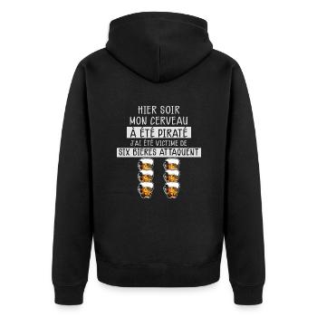 Apéro Idée Cadeau Papa Humour Six Bières Attaquent - Veste à capuche bio Premium Unisexe - noir - Dos - Nico (187cm)