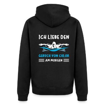 Schwimmen Ich liebe den Geruch von Chlor am Morgen - Unisex Premium Bio Zip Hoodie - Schwarz - Hinten - Nico (187cm)