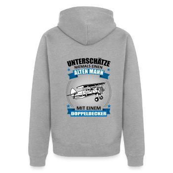 Doppeldecker Alter Mann Spruch Pilot Geschenk - Unisex Premium Bio Zip Hoodie - Grau meliert - Hinten - Nico (187cm)