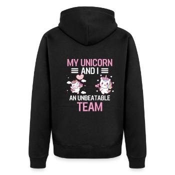 Mein Einhorn und ich ein unschlagbares Team Tier - Unisex Premium Bio Zip Hoodie - Schwarz - Hinten - Nico (187cm)