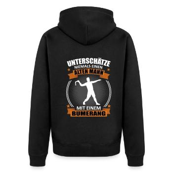 Bumerang Werfer Alter Mann Spruch Geschenk - Unisex Premium Bio Zip Hoodie - Schwarz - Hinten - Nico (187cm)