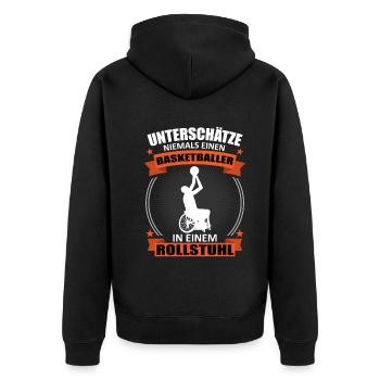 Rollstuhl Basketball Spieler Cooler Spruch - Unisex Premium Bio Zip Hoodie - Schwarz - Hinten - Nico (187cm)