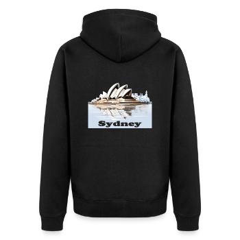 Sydney, eine Weltstadt an der Küste Australiens - Unisex Premium Bio Zip Hoodie - Schwarz - Hinten - Nico (187cm)