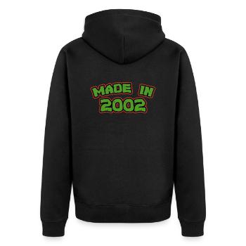 Hergestellt im Jahr 2002 - Unisex Premium Bio Zip Hoodie - Schwarz - Hinten - Nico (187cm)