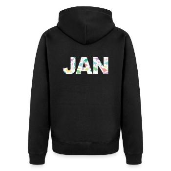 JAN - Schöner Jungen Name mit Dinosaurier - Unisex Premium Bio Zip Hoodie - Schwarz - Hinten - Nico (187cm)