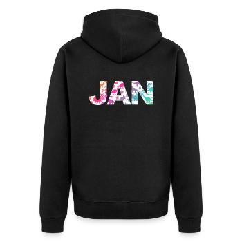 JAN - Schöner Jungen Name mit Dinosaurier - Unisex Premium Bio Zip Hoodie - Schwarz - Hinten - Nico (187cm)