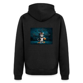 Gespenstische niedliche Halloween-Katze Spooky - Unisex Premium Bio Zip Hoodie - Schwarz - Hinten - Nico (187cm)
