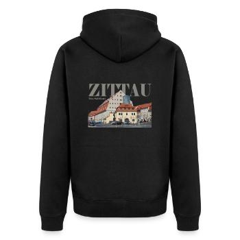 Salzhaus in Zittau - Unisex Premium Bio Zip Hoodie - Schwarz - Hinten - Nico (187cm)