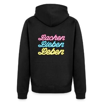 Lachen Lieben Leben - Unisex Premium Bio Zip Hoodie - Schwarz - Hinten - Nico (187cm)