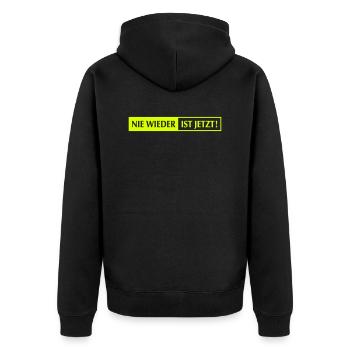 nie wieder ist jetzt lang - Unisex Premium Bio Zip Hoodie - Schwarz - Hinten - Nico (187cm)