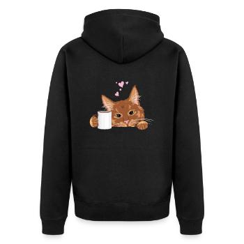 Peeking cute ginger cat with coffee mug - Unisex Premium Organic Zip Hoodie - black - Back - Nico (187cm)