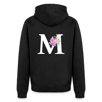 Lila Blumenbuchstabe m - Unisex Premium Bio Zip Hoodie - Schwarz - Hinten - Nico (187cm)