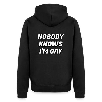 Personne ne sait que je suis gay - Veste à capuche bio Premium Unisexe - noir - Dos - Nico (187cm)