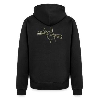 Motif de baguettes de signe de main de batteur rock - Veste à capuche bio Premium Unisexe - noir - Dos - Nico (187cm)