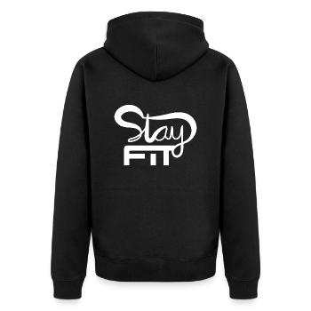 BLEIBEN SIE FIT HANDSCHRIFTLICH - Unisex Premium Bio Zip Hoodie - Schwarz - Hinten - Nico (187cm)